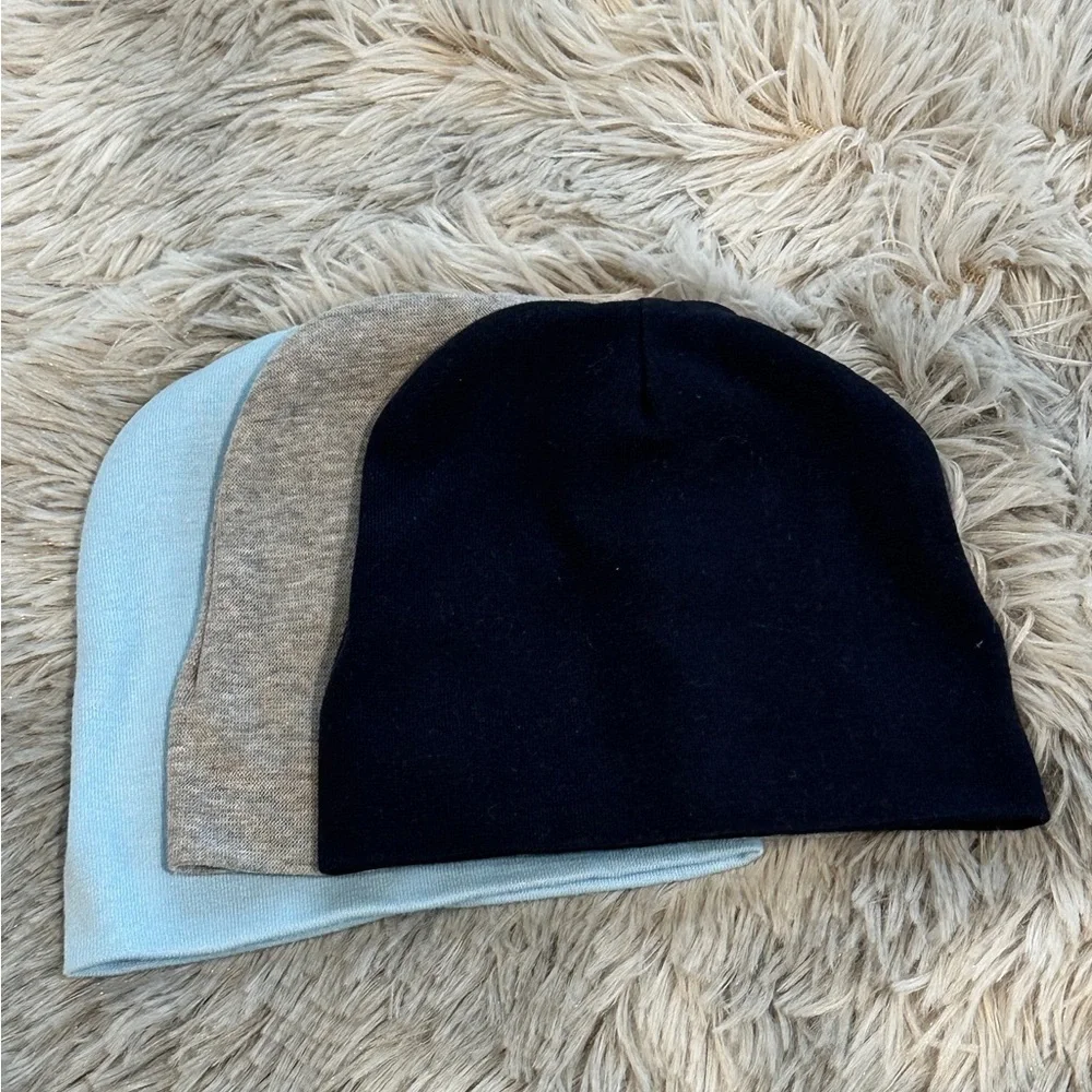 Set of Three Beanies in Blue, Gray, and Navy
